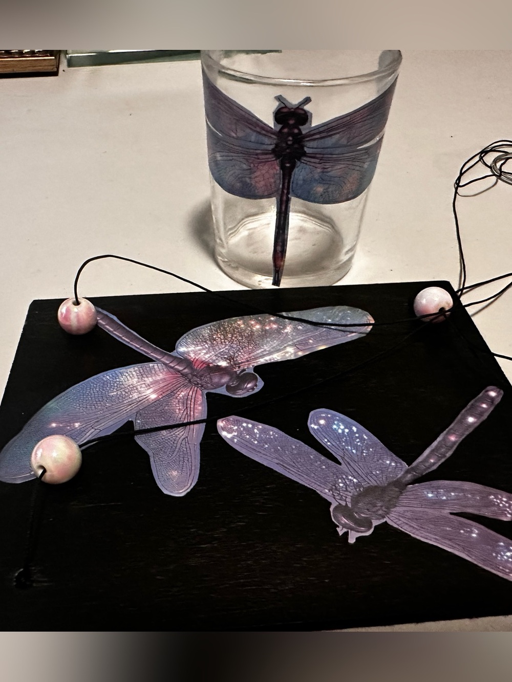 Hand crafted dragonfly floating hanging shelf with glass cup